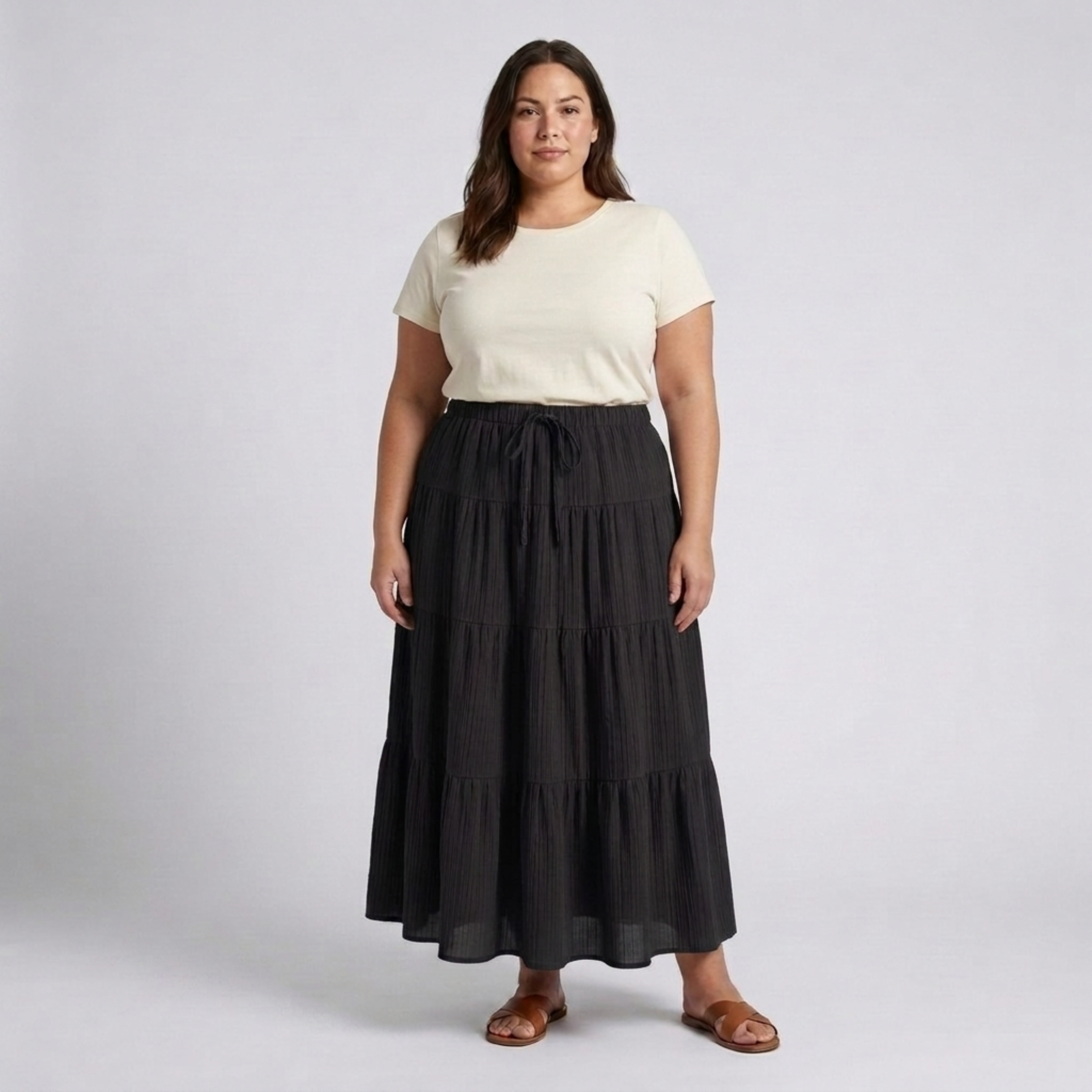 Plus size long skirt for women with panels and drawstring