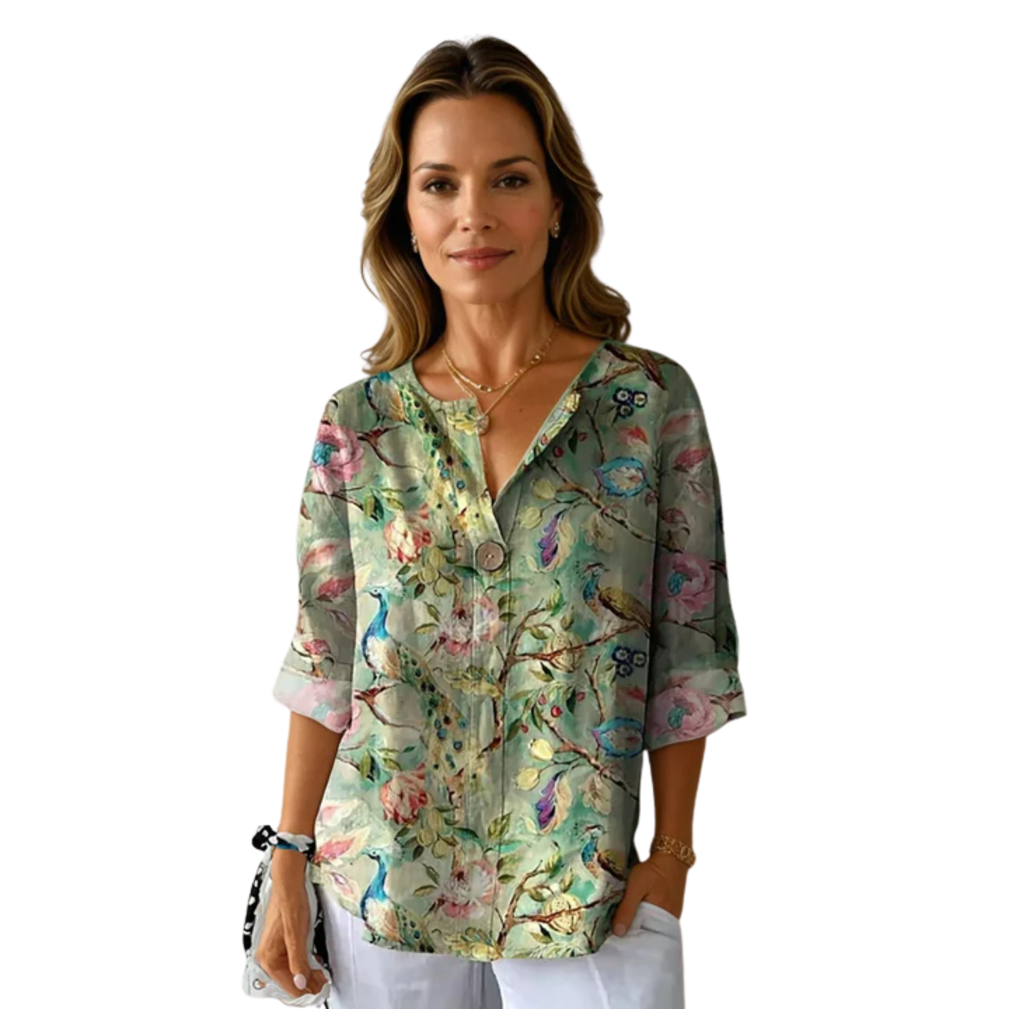 Floral print blouse — three-quarter buttoned sleeves — casual