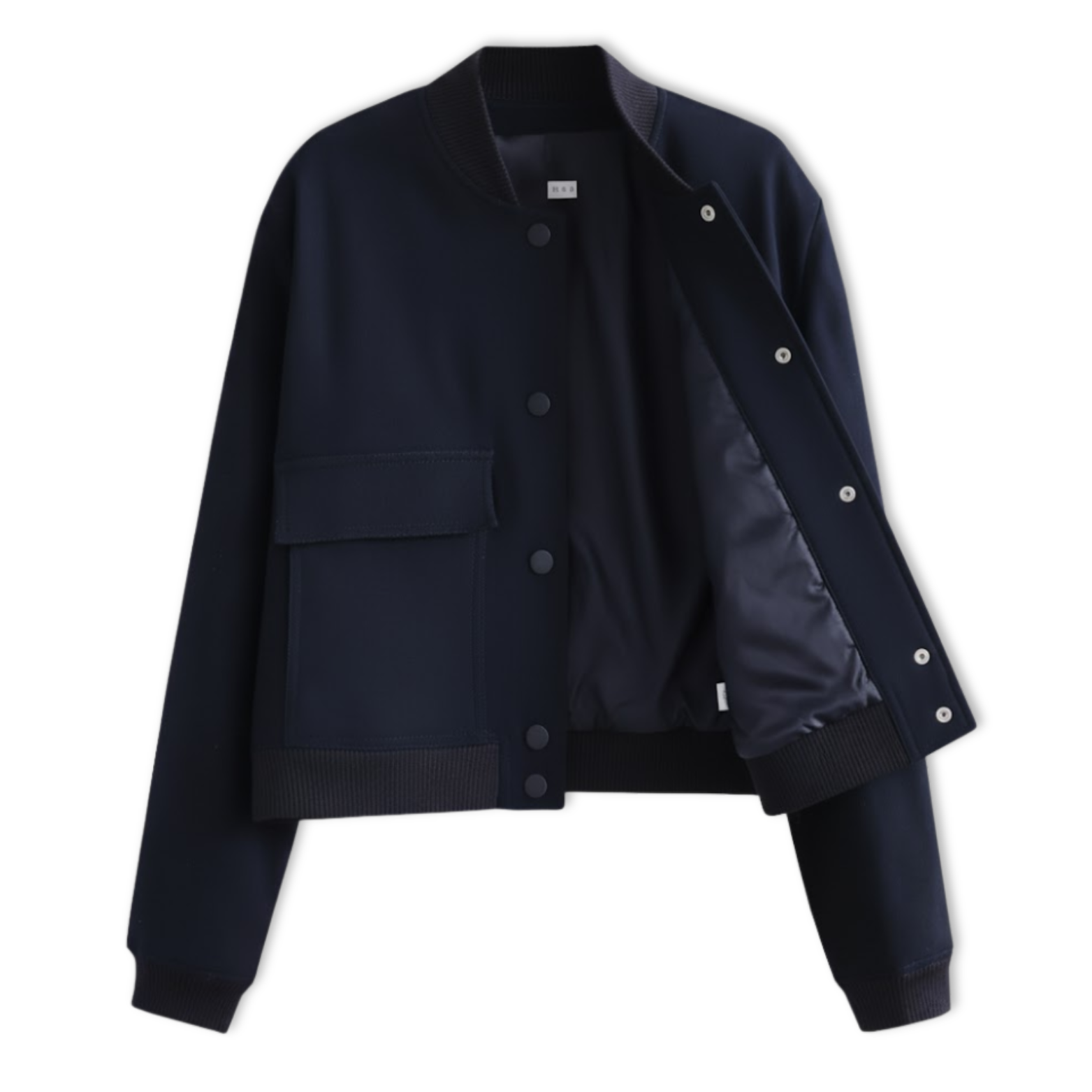 Short women's bomber jacket with snap buttons and large patch pockets