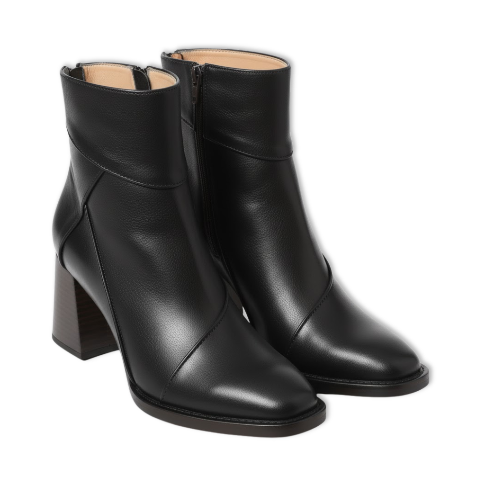 Women's soft leather ankle boots with thick square heel and side zipper
