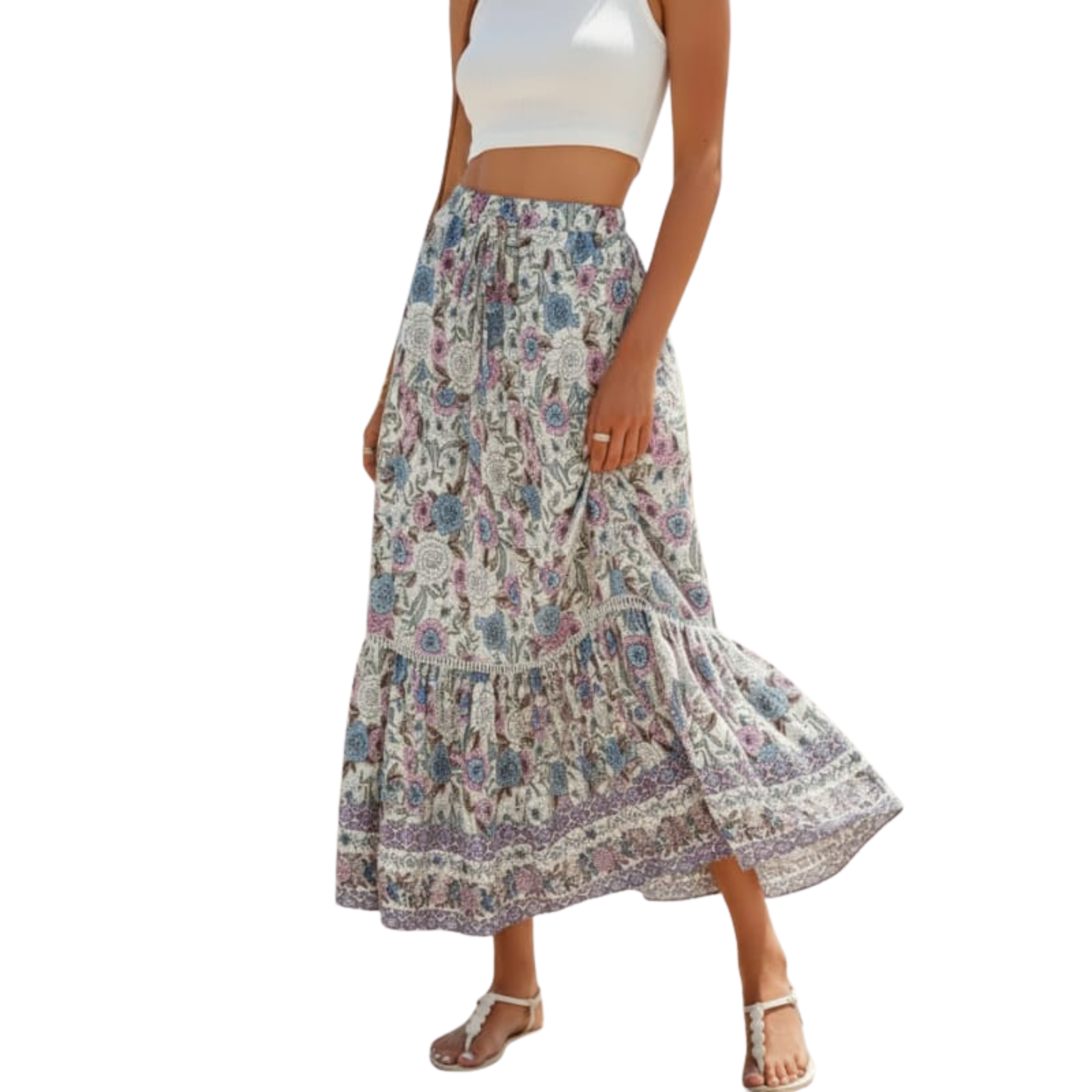 Long Floral Maxi Skirt — High Waist with Drawstrings — Beach Outfit