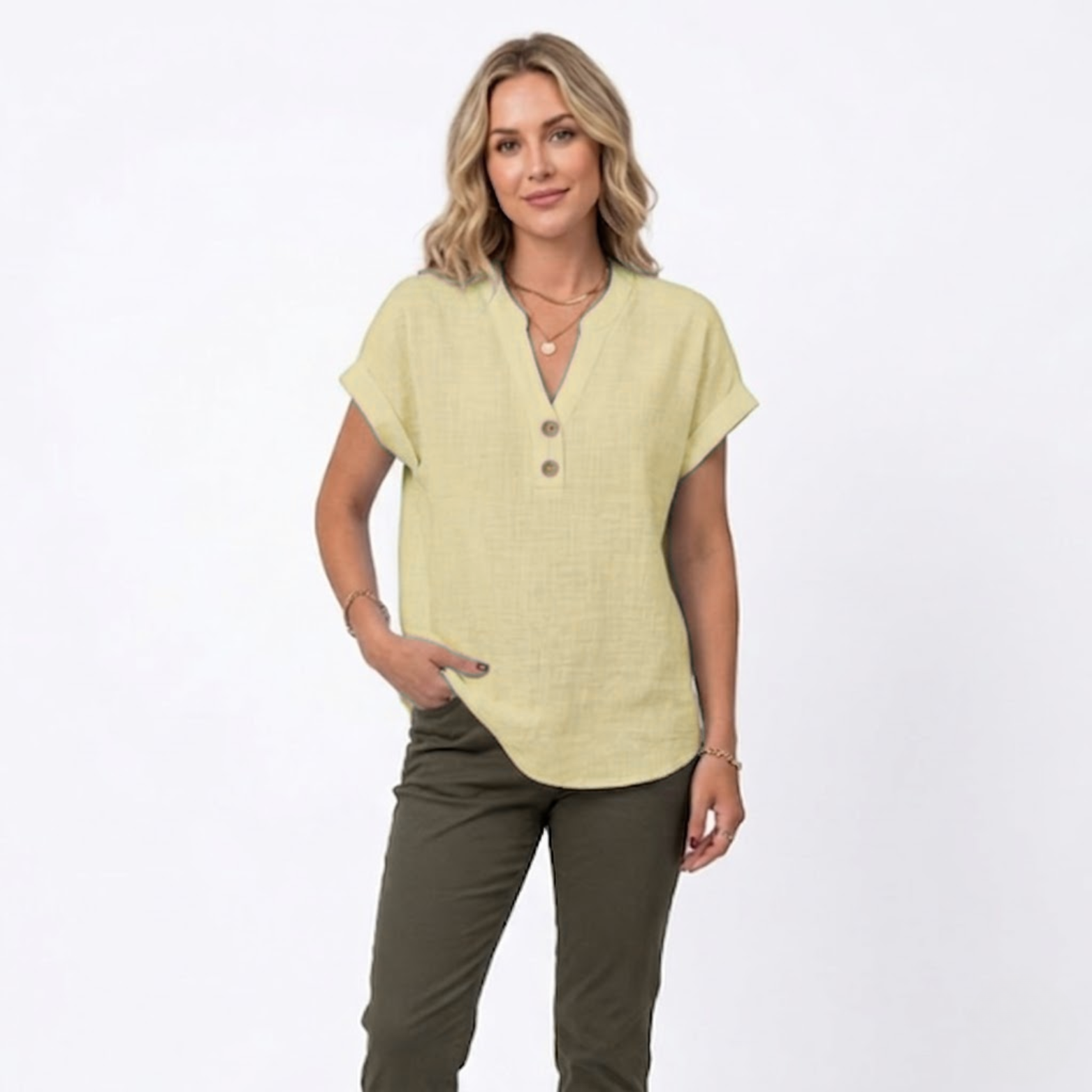 Cotton and Linen V-Neck Short Sleeve Blouse for Women
