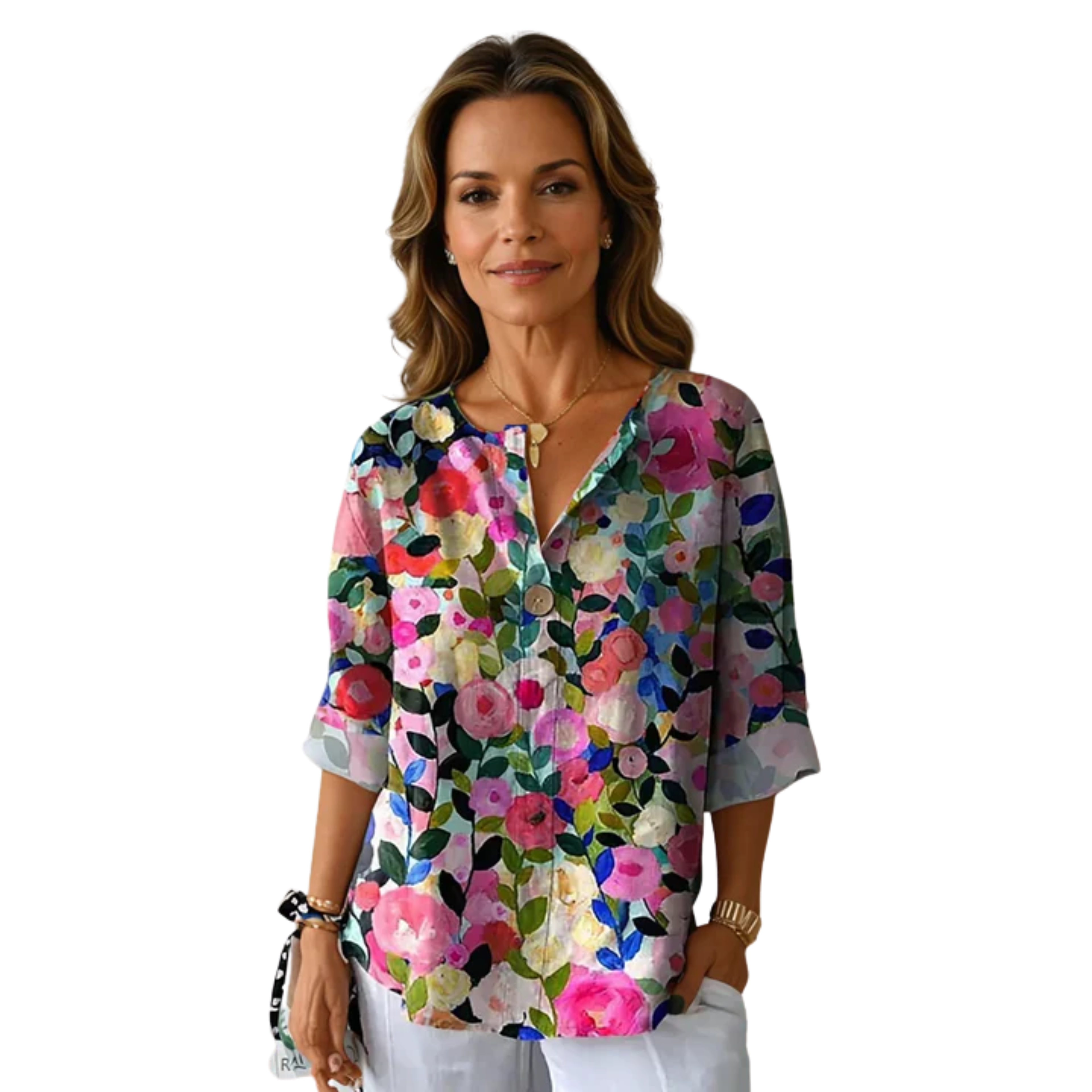 Floral print blouse — three-quarter buttoned sleeves — casual