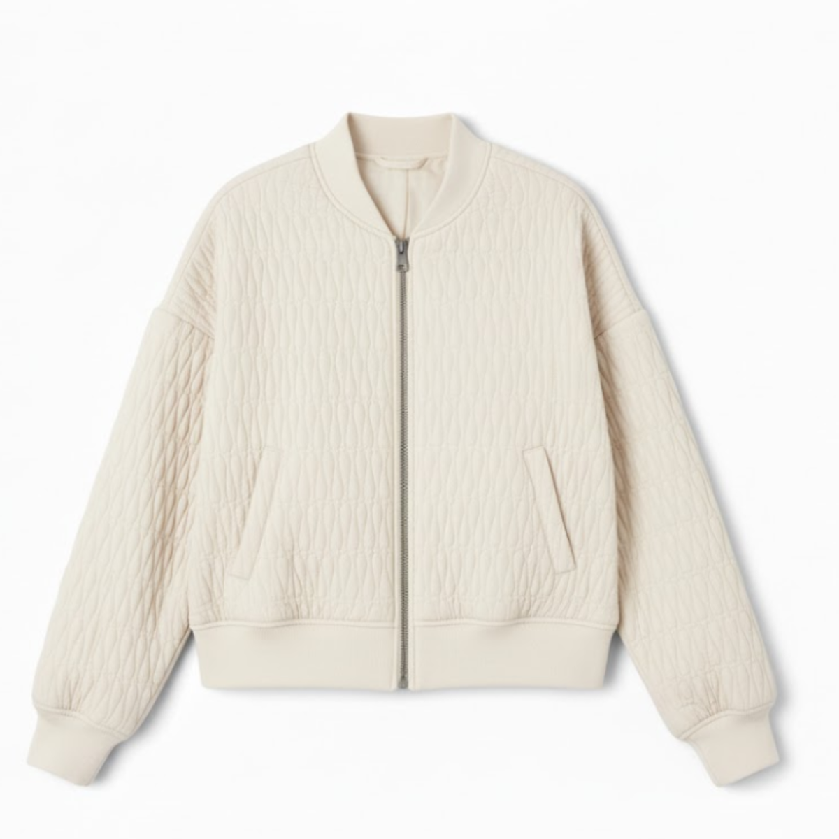 Quilted bomber jacket with stand-up collar and embossed texture