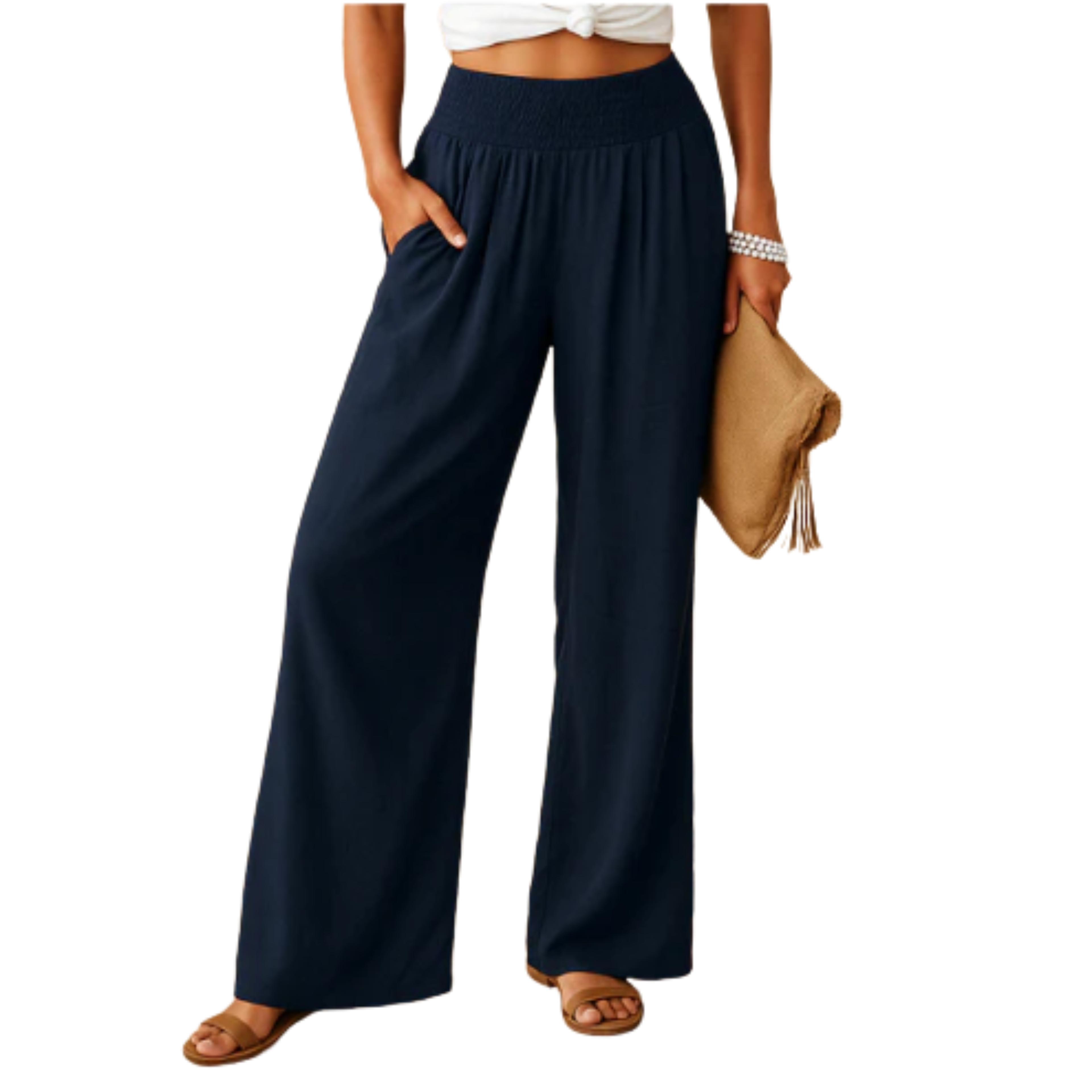 Women's pants linen and cotton blend — elastic waist straight cut | everyday