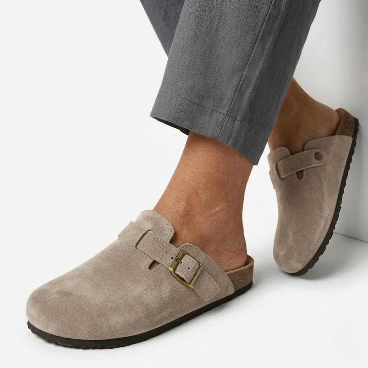 Suede Clogs with Cork Sole and Adjustable Buckle for Women