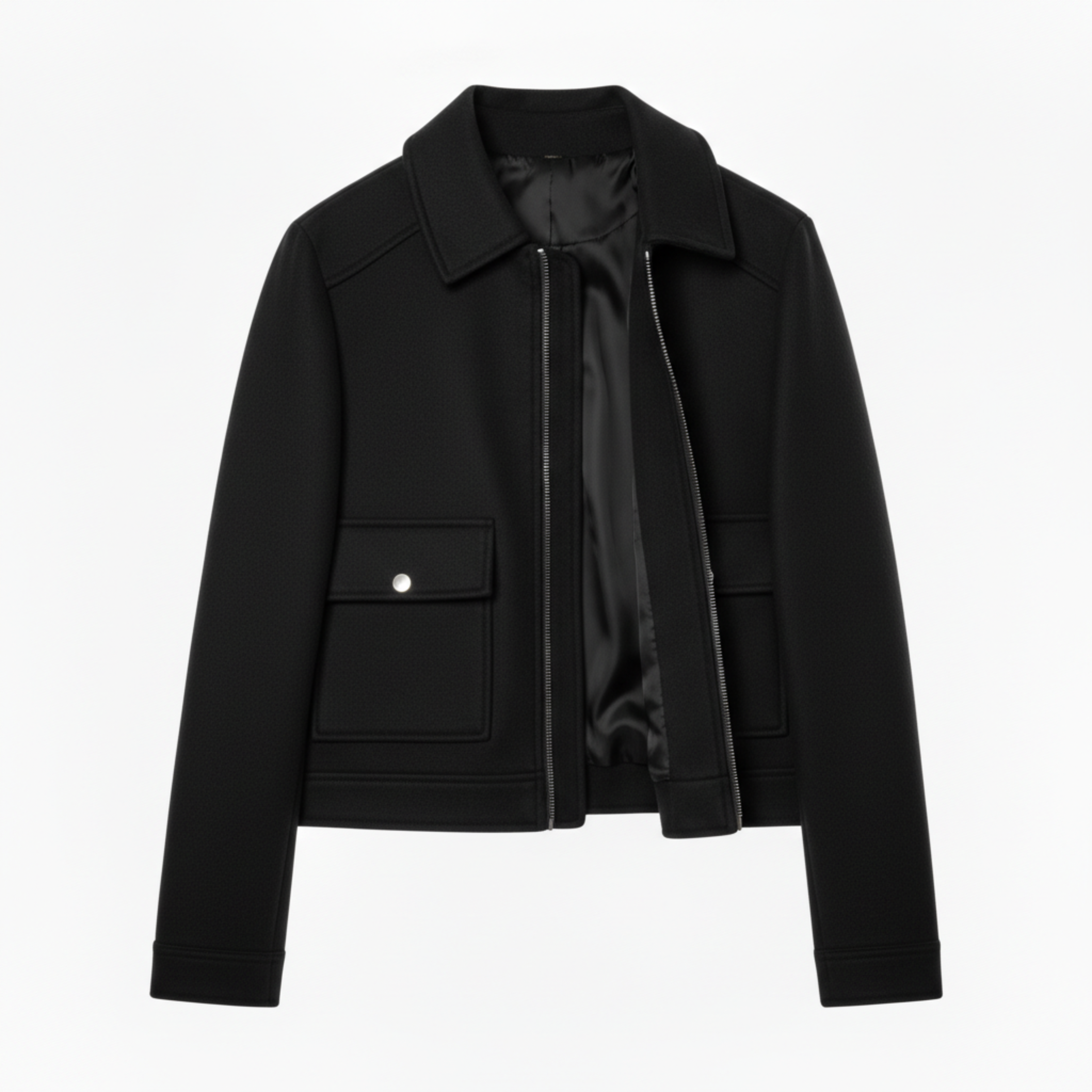 Short Polyester Jacket with Turn-Down Collar and Zipper Closure for Women