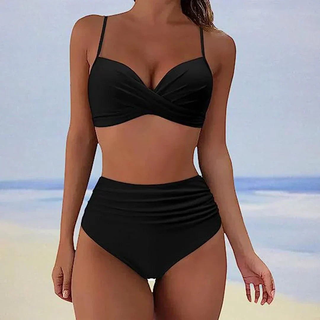 High-waisted two-piece swimsuit — beach bikini with front draping