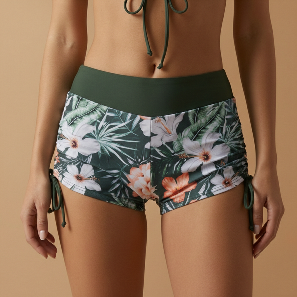 Women's beach outfit - patterned shorts swimsuit and tie-up top | vacation