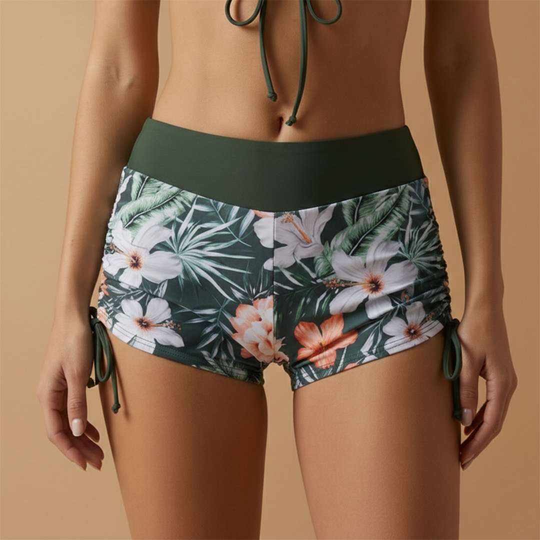 Women's beach outfit - patterned shorts swimsuit and tie-up top | vacation