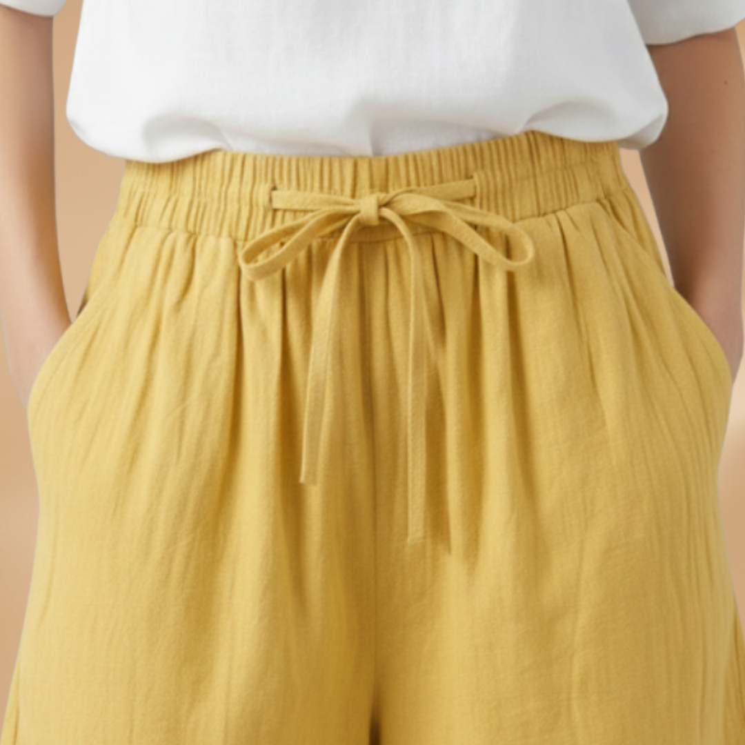 Short knee-length women's pants — wide short pants with gathered waist | vacation