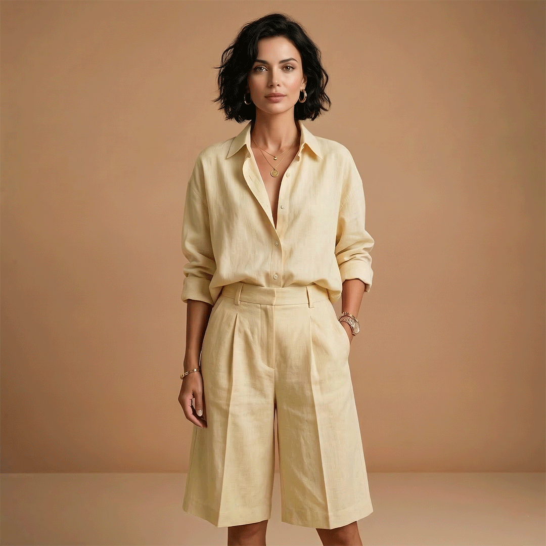 Women's shirt and short pants set - pleated outfit with pockets | vacation