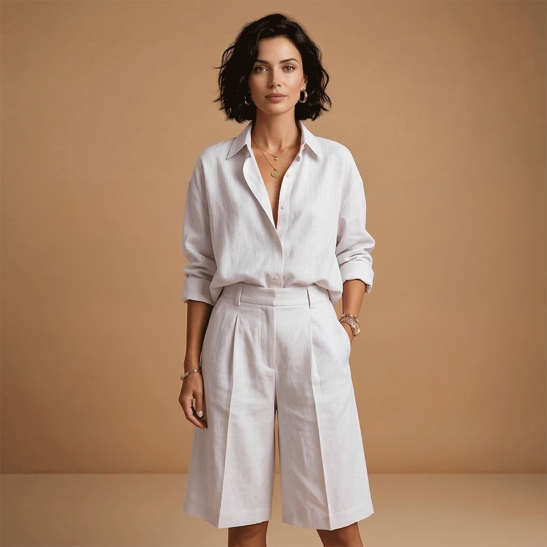 Women's shirt and short pants set - pleated outfit with pockets | vacation