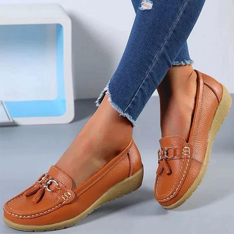 Women's leather moccasin shoes - city shoes with buckles - casual
