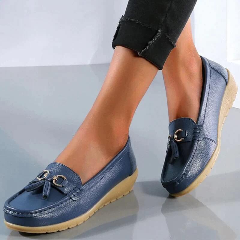 Women's leather moccasin shoes - city shoes with buckles - casual